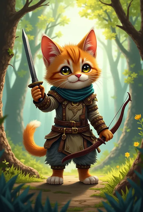 A cute cat wearing RPG fantasy armor. A rogue class with a bow and dagger.