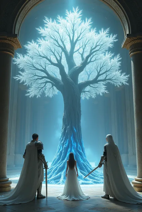 a white tree ,  whose leaves are made of crystals and shine,  whose roots are blue ,  inside a temple of church priests , Knights with swords and a woman in white, The tree has a medium trunk, realistic