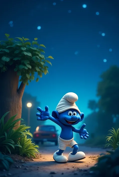 Smurf dancing under the night sky with a car peeking behind a bush