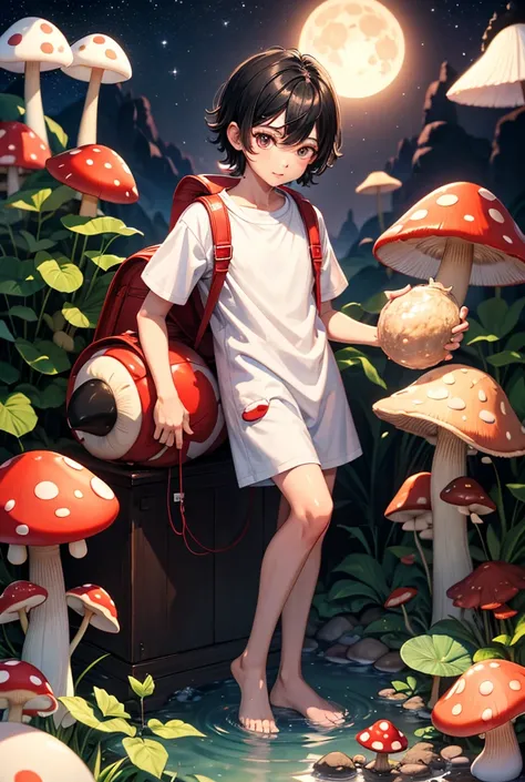 Mushroom man, boy, black hair, white skin, krabi, red backpack, water bath, full moon night 