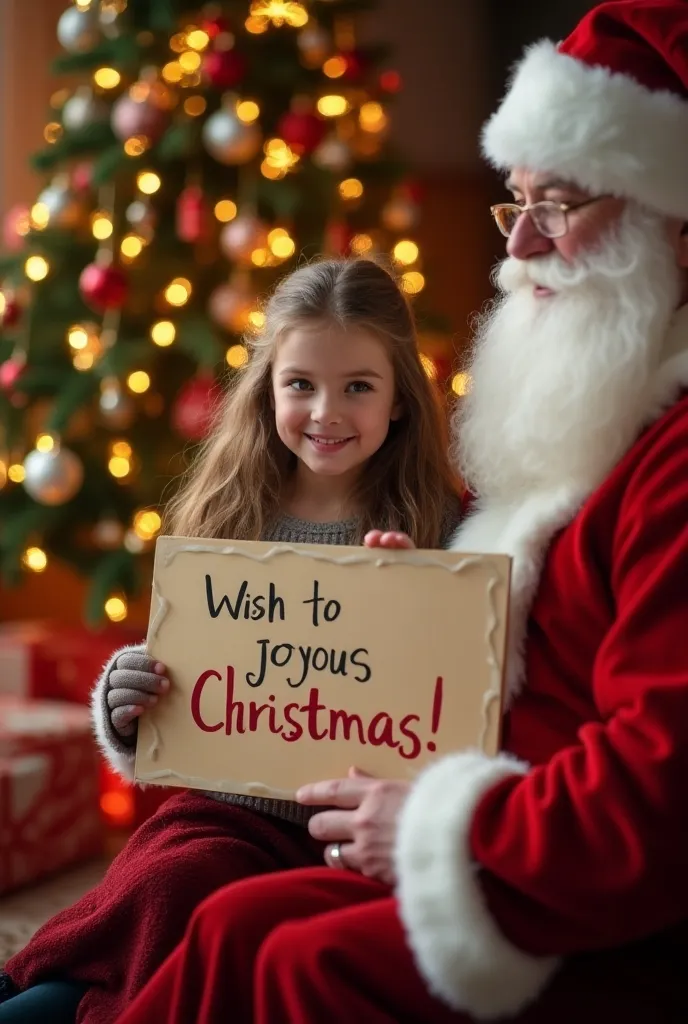  girl sitting in front of a Christmas tree ,  next to Santa Claus and holding a sign that says happy x mas