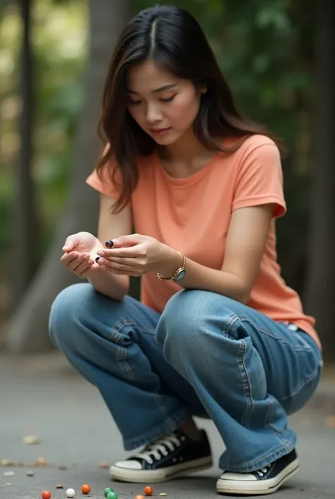 Udh 8k beautiful woman from Indonesia is playing marbles with her hands looking at marbles using peach short sleeved t-shirt long blue jeans using sneakers is squatting on the ground floor 