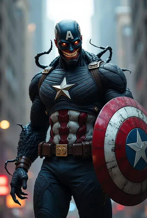  Heres a detailed and aggressive prompt for a combination of Captain America and Venom :

prompt:

" An imposing and terrifying figure ,  a fusion of Captain America and Venom .  The body is still that of Steve Rogers ,  aura ,  but now hes wrapped in a bl...