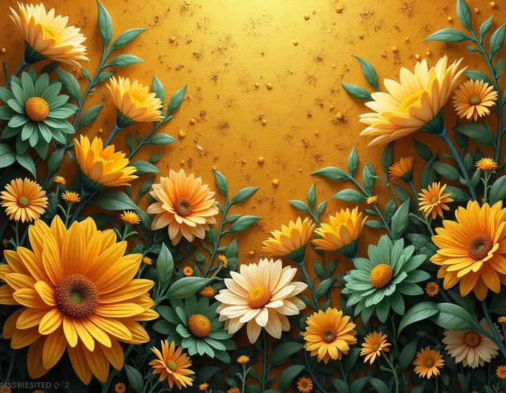 a close up of a yellow and green floral pattern with leaves, gold flowers, golden flowers, flowers and gold, golden background with flowers, ornate floral, chaotic gold leaf flowers, gold flaked flowers, ornate flowers, gold and green, flowers and folia