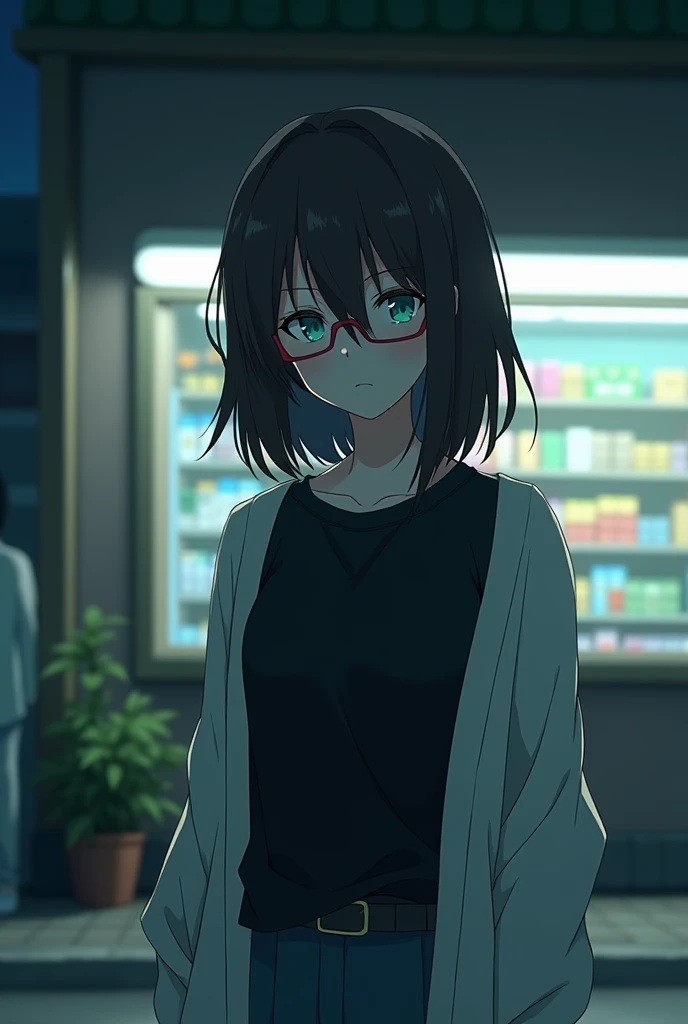 Dark brown hair, medium hair,White skin , Teal Eyelids, high school girl , Beautiful Girl,Neutral, boyish ,Flexible,Sloping shoulders,Thin chest,Poor Breasts ,Impression of being smitten ,Dark character, black long sleeve t-shirt , wearing a white cardigan...