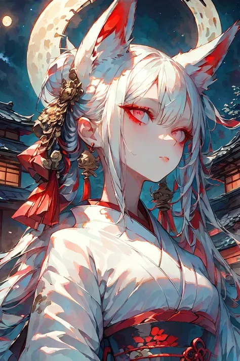 Masterpiece, highest resolution, highest quality, detailed depiction, beautiful, art, watercolor style, Japanese yokai, ((nine-tailed fox)), anthropomorphized fox, fair skin, slender eyes with distinct red eyeliner, silver hair, long hair, fox ears emergin...