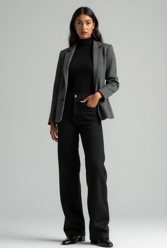 A brown girl wearing black turtle neck top along with black and white short tweed jacket with black baggy jeans and black shoes also full body 