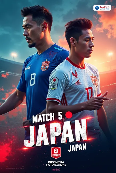 Poster for an international football match. The poster should feature two players from different countries, wearing their national team jerseys, one in white Jersey with elegan batik motif style and logo Garuda symbol Indonesian Country and the other in bl...