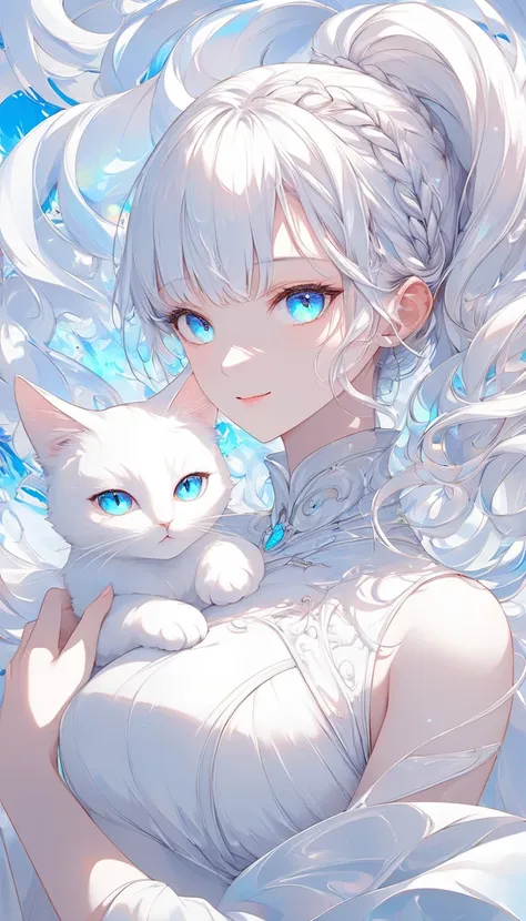 conceptual installation fantasy art, pure white worldview, cool beauty in all pure white holding a cute cat, gentle shy smile, white shiny silky disheveled side braided ponytail, captivating eyes, curvaceous, iridescent various effects, delicate and dynami...