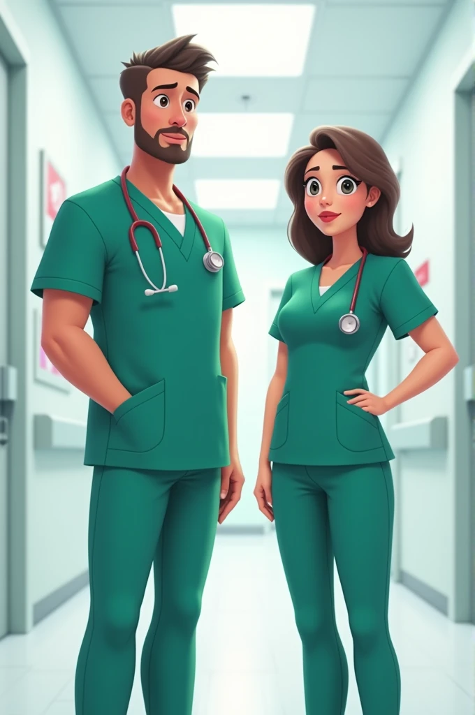 Animated image of a man and woman wearing a petrol-green surgical uniform please