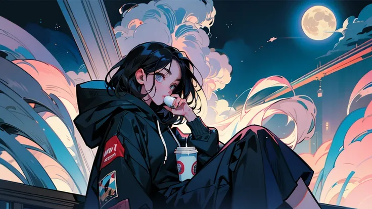 80s anime style, a beautiful woman with long, straight black hair, an adult, alone, wearing a trendy hoodie, drinking coffee at home under the moonlight in nighttime Tokyo