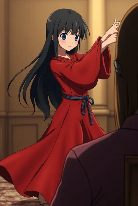  Scene of a girl dancing Arabic to someone sitting in a chair whose face cannot be seen.

The girl is a blackhaired girl with blue eyes ,  long hair up to the waist with perfectly cut bangs . The clothes in which Arab dances are red.

With the animation of...