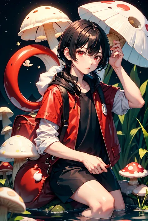 Mushroom man, boy, black hair, white skin, shell, pillow, red backpack, water bath, full moon night 