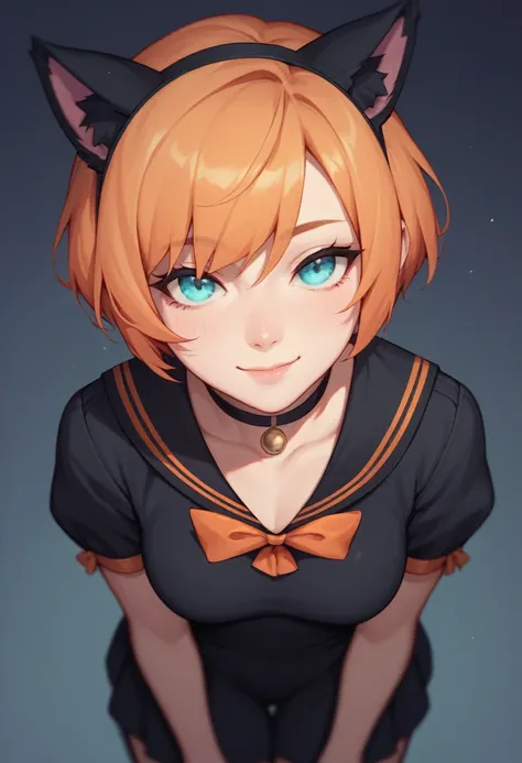 1girl, light smile, closed mouth, orange hair, short hair, cyan eyes, black outfit, sailor outfit, black cat ears, dark background, looking up, from above, looking at viewer, dark background