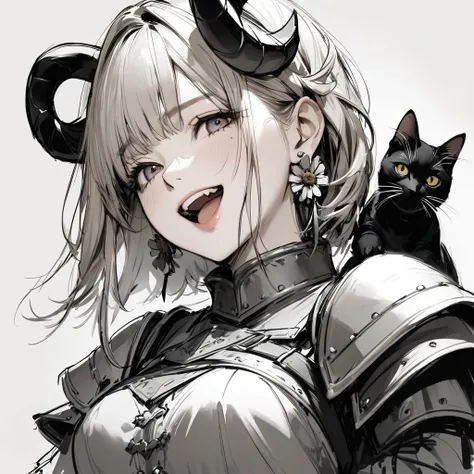 ( best quality, sketch:1.2),Realistic, 1 girl, , masterpiece, Noir Dark, art, Holding a cat、Im wearing a zinnia flower holder and earrings、The sheep has horns、 is laughing、 upper body、 slightly above angle、Medieval female knight outfit