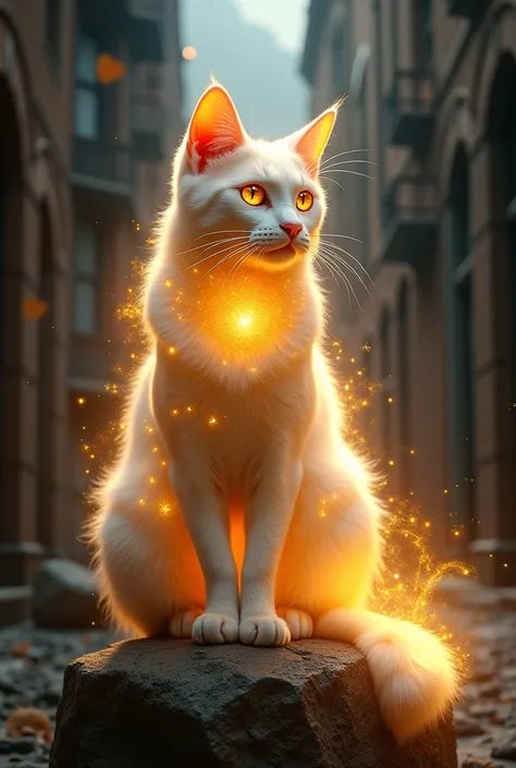 High Quality, 8K HD, Cat With One eyes, With Full Aura of Golden Supranatural, sit on the rock of alley, Like a king have leadership, White skin , Colorfull, Realistic Eyes, Realistic Color, Brighness auto, 