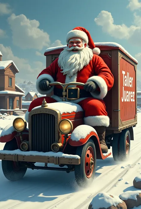 A Santa Claus driving a truck with the phrase Taller Juarez