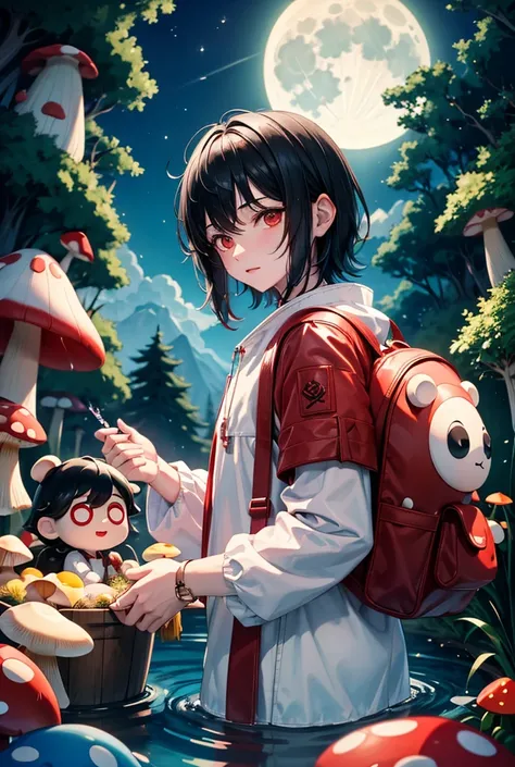 Mushroom man, boy, black hair, white skin, bear, red backpack, water bath, full moon night 