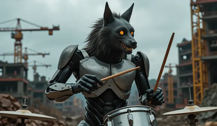 realistic robotic werewolf drummer with drumsticks, playing rock music in construction site, 8k, ultra-detailed, photo-realistic, HDR, cinematic lighting, dramatic shadows, moody atmosphere, industrial environment, gritty textures, glowing eyes, sharp focu...