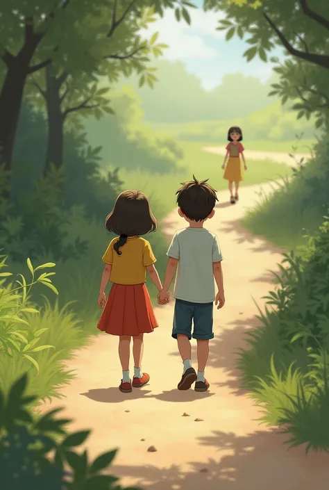 A boy and a girl are walking together, and there is a girl behind at