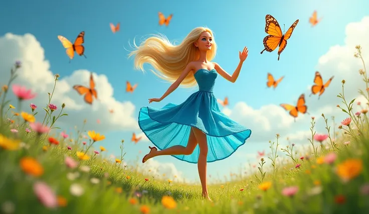 Blue 💙 Barbie chasing after colorful butterflies in an open field. The butterflies flutter around playfully, and Barbie follows them, laughing and enjoying the chase.
