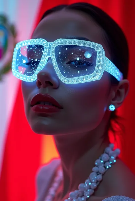 The model wears crystal sunglasses with stars and the moon in the crystal speaking flag of Peru