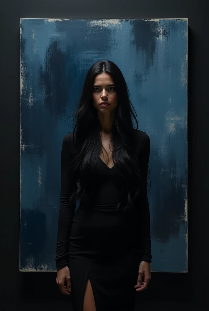  An adult with long black hair on her back in front of a painting with dark blue paint. She and the painting , with the entire background black 