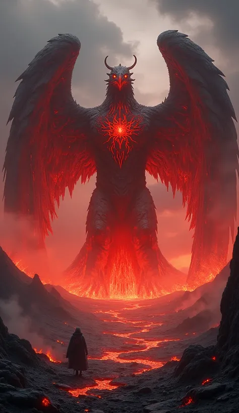 Lava eagle monster with all body of lava stand on volcano and red light stand coming out of his