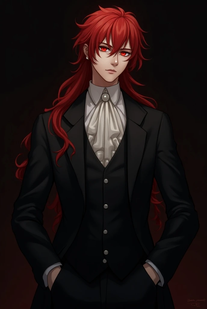 Young male, handsome, long red hair, red pupil, noble victorian suit, black background, painting style, anime style, japanese novel illustration