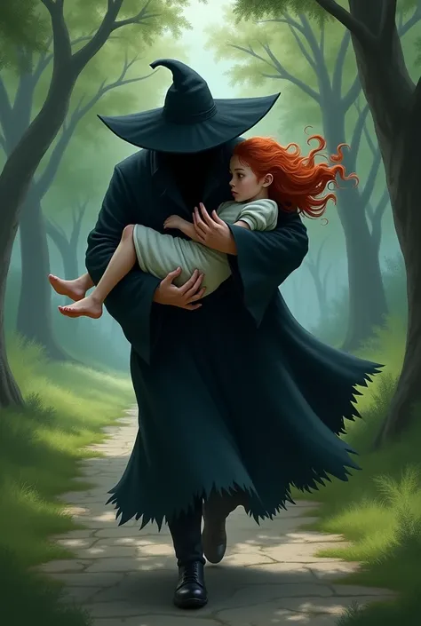 A man in a black robe and black hat runs in the park cradling a red-haired girl with the position of a mans hand seamlessly covers the girl with his hands so as not to scream