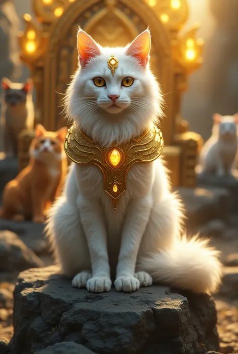 High Quality, 8K HD, Cat With three eyes on the middle of his two eyes, With Full Aura of Golden Supranatural, sit on the rock of alley, Like a king have leadership, White skin , Colorfull, Realistic Eyes, Realistic Color, Brighness auto, with armor gold a...