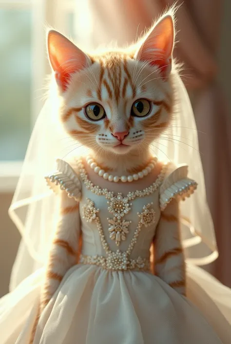 A cat wearing bridel drees