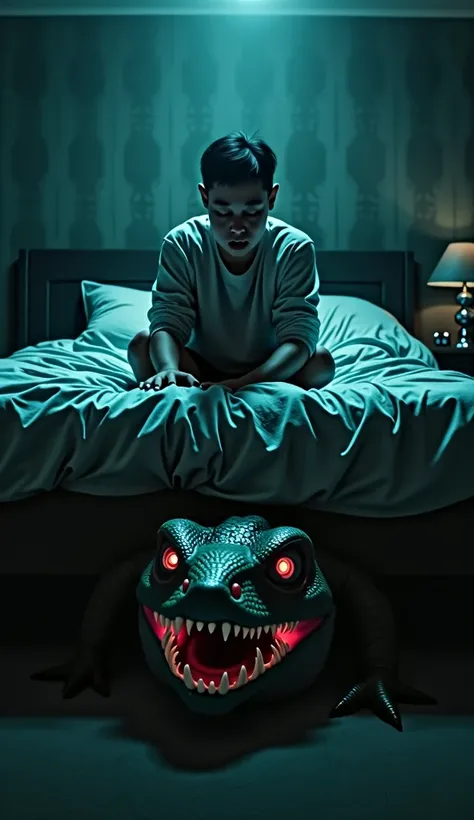 A  is sitting scared on their bed at night. Under the bed in the dark, there is a creature with reptilian eyes and a wide grin with sharp teeth like a crocodile. The atmosphere of the image is pure terror and suspense, evoking a macabre fear.