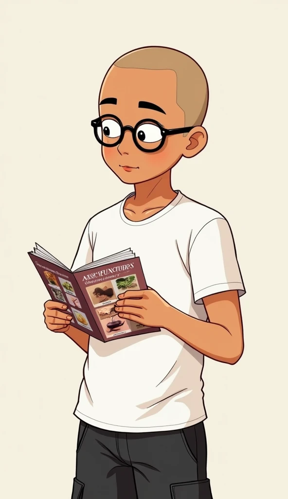 Anime, Indonesian young guy, tan skin, bald, eye glasses, wearing white t-shirt paired with black cargo short. "Draw a character looking at a brochure for various alternative therapies, such as acupuncture, reflexology, and yoga; the character appears thou...