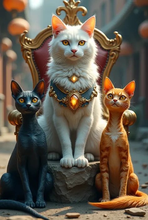 High Quality, 8K HD, Cat With three eyes on the middle of his two eyes, With Full Aura of Golden Supranatural, sit on the rock of alley, Like a king have leadership, White skin , Colorfull, Realistic Eyes, Realistic Color, Brighness auto, with armor gold a...