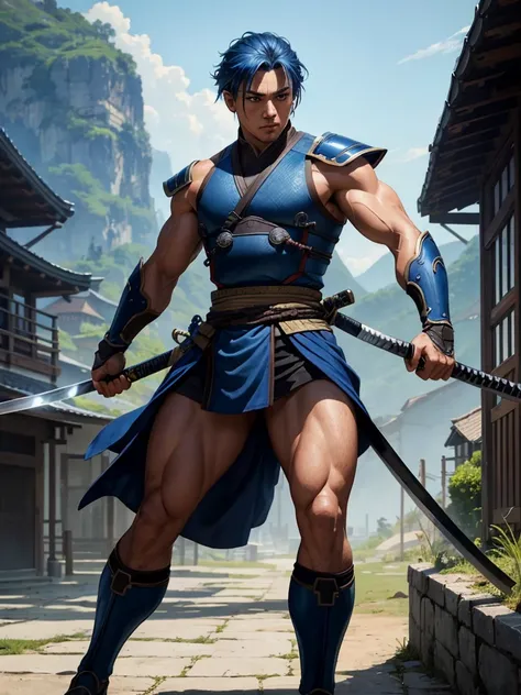 high quality, Best image quality, masterpiece, male ronin, Blue Hair, thin, Show the whole body, Brown Eyes, ((Muscular)), Fighting pose, high quality, Beautiful art, high technology village background, Visual Arts, Written boundary depth, Best lighting, H...