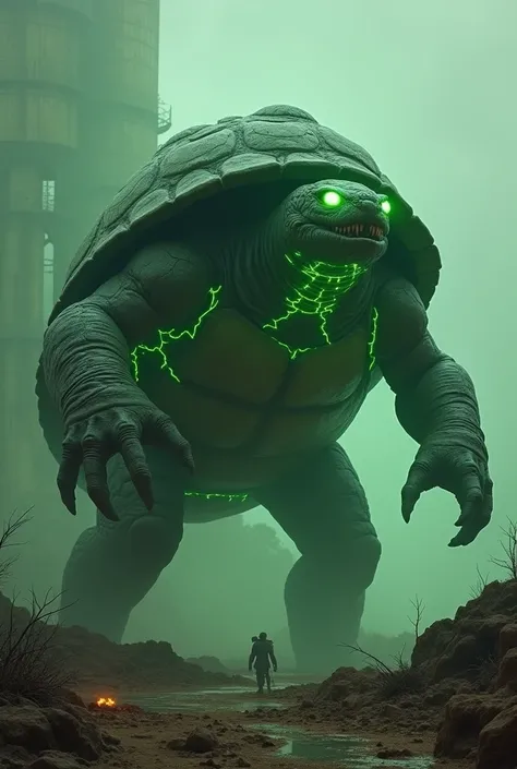 A super cinematic, intense hybrid fusion of a tortoise and nuclear energy in the same abandoned, irradiated landscape. This hybrid creature has the massive, armored shell of a tortoise, but its shell is dark, cracked, and pulsing with glowing green fissure...