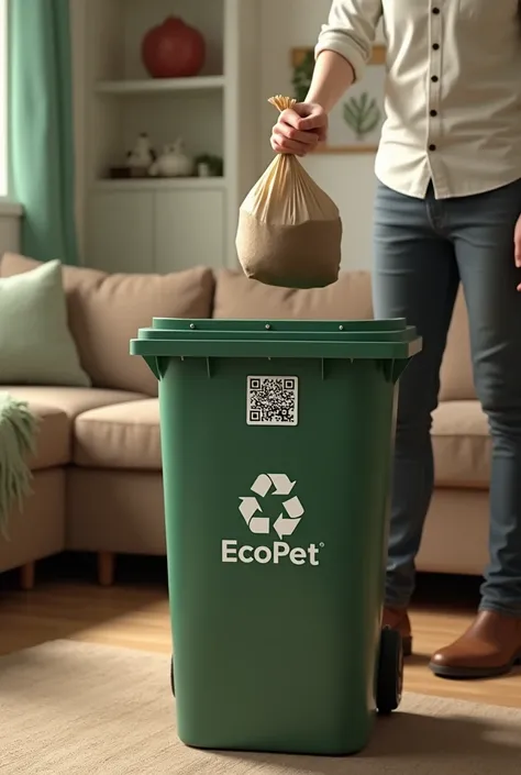 Generate a bin with the EcoPet logo and a QR , in the living room of a house,  along with a person throwing a bag with feces there 