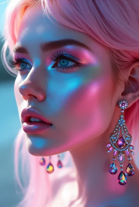 CynthiaPortrait.This image presents a striking portrait of a woman with a futuristic, high-fashion aesthetic. Her face and skin are coated with a shimmering, metallic finish in hues of pink, blue, and iridescent tones, creating a surreal glow that catches ...