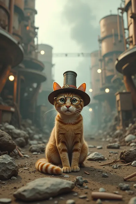  Steampunk and a post-apocalyptic landscape. In the center is a cat .  He is wearing glasses and a cylinder 