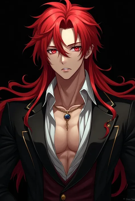 Young male, handsome, long red hair, great physicue, red pupil, noble victorian suit, black background, painting style, anime style, abstrak style japanese novel illustration, torso body