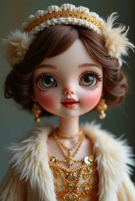  Blythe type crochet doll antique 1920 , charlestone  ,  smiling ,  exclusive design  ,  high-end clothing  , feathers , sequins  ,  short hairstyle,  headband ,blush, smile,  Open mouth, Teeth, make-up, Art Nouveau, 