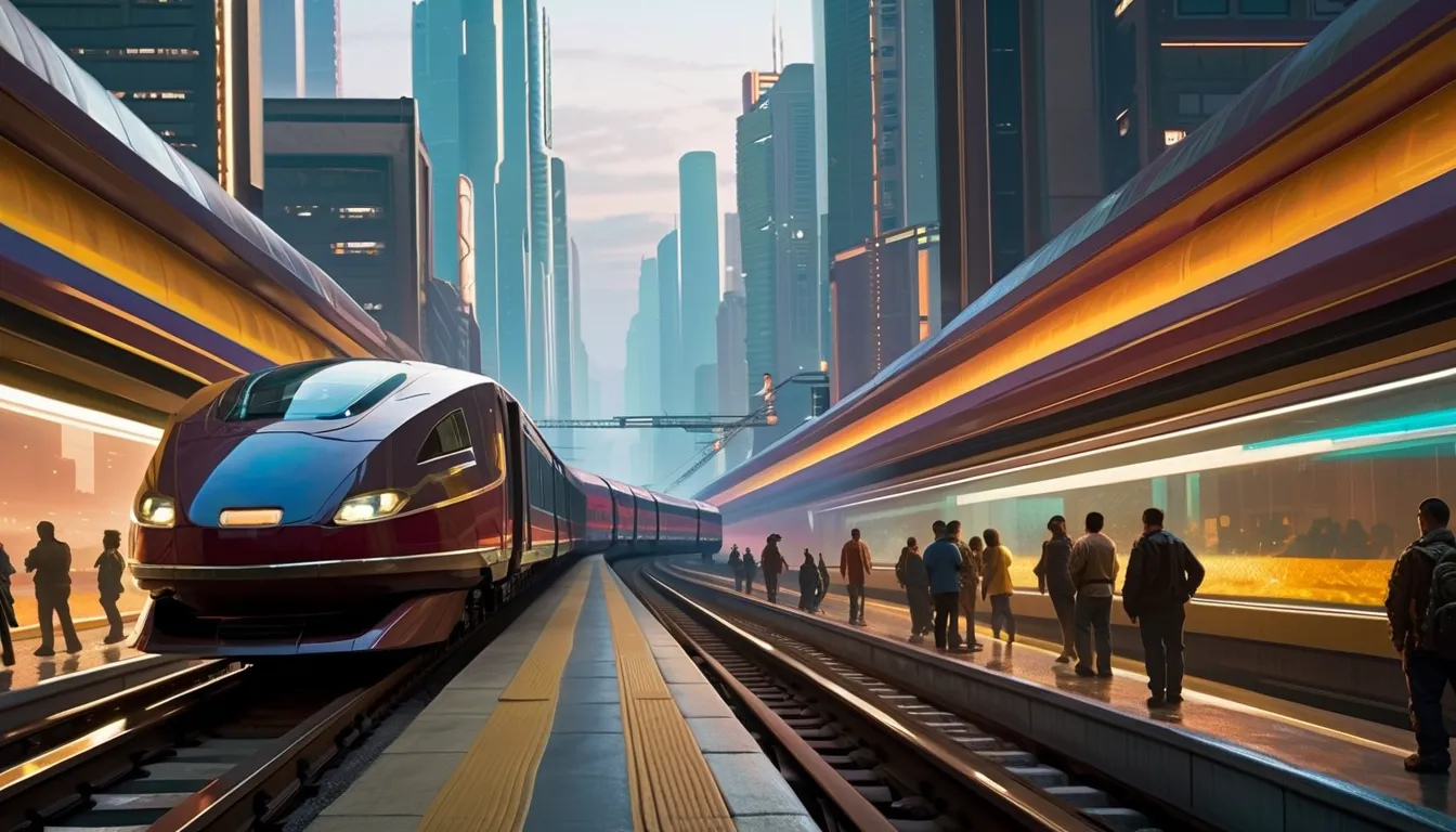 a painting of a sci-fi train passing through futuristic chinese city，people standing on railroad tracks, inspired by stephen cor...