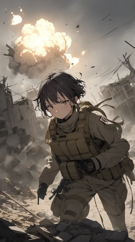 1 girl,  cute face, ( serious expressions), Short Hair, to many hairstyle, Combat Uniform,  small breasts, Tactical Vest,  smileless face , break, In front of the battery , (Strong light:1.1), In the smoke,  tense atmosphere, break, battlefield,  destroyed...