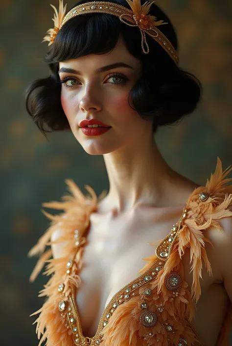  Dress 1920 , charlestone ,  exclusive design  ,  high-end clothing  , feathers , sequins  ,  short hairstyle,  headband ,blush, smile,  Open mouth, Teeth, make-up, Art Nouveau, 