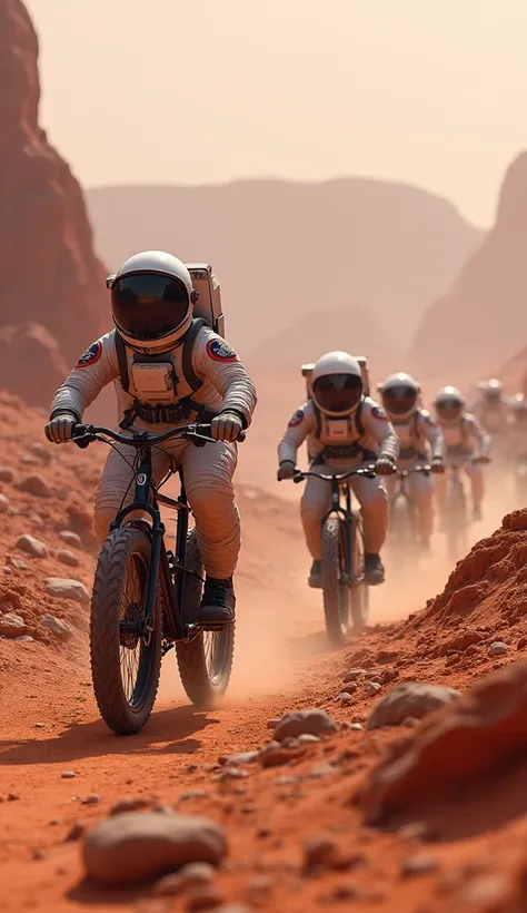 "A group of astronauts racing each other on bicycles across a rocky Martian landscape. Each bike is designed with durable tires, and the scene captures a playful sense of adventure against a backdrop of Martian hills and a dim pink sky."