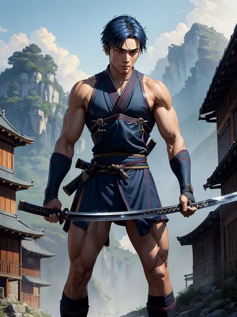 high quality, Best image quality, masterpiece, male ronin, short Blue Hair, thin, Show the whole body, Brown Eyes, ((Muscular)), Fighting pose, high quality, Beautiful art, ((high technology village background)), Visual Arts, Written boundary depth, Best l...