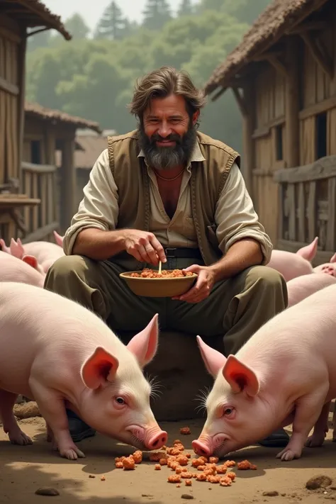 Man eating with pigs