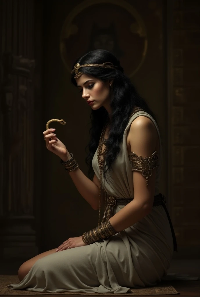 Cleopatra sitting alone in a dimly lit chamber, holding a small venomous asp in her hand. Her expression is serene but resolute, surrounded by Egyptian symbols of death and eternity, hinting at the tragic choice she’s about to make.