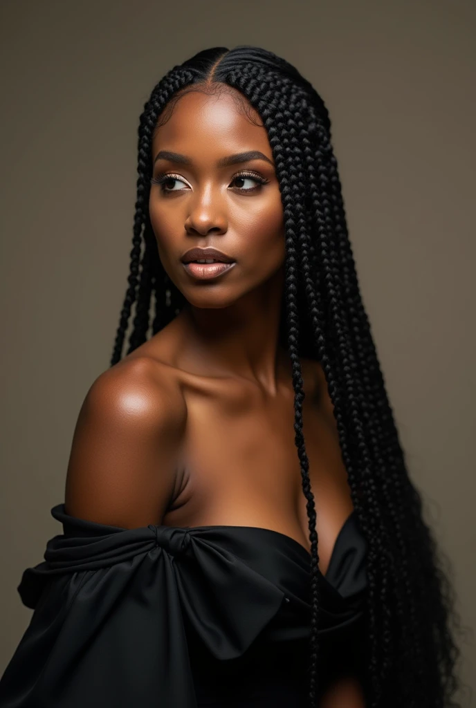 A lovely picture of a black in braids wearing a black lovely gown in a photo studio 